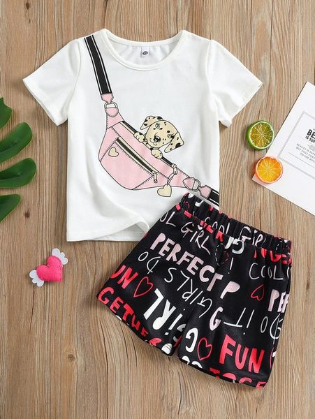 

toddler girls bag & dog print tee & letter graphic shorts she, White