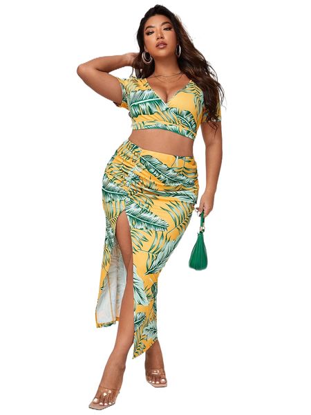 

sxy plus tropical print wrap & split thigh skirt b9ot#, Black