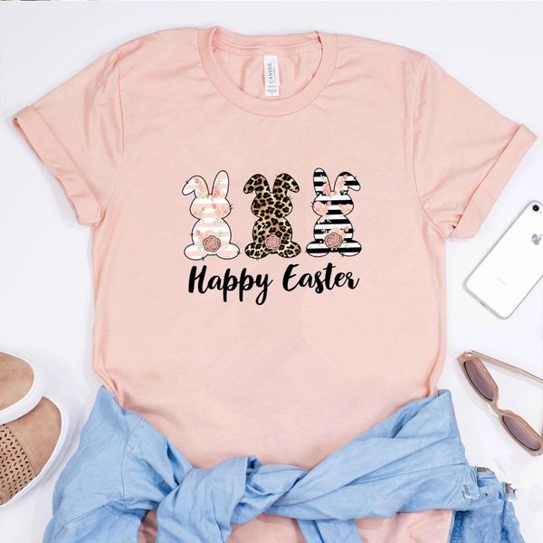 

women's t-shirt happy easter t shirts shirt cute leopard graphic crewneck tees, White