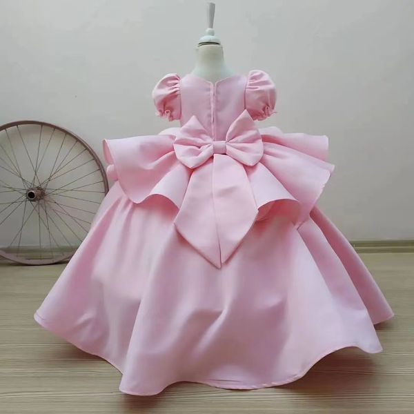 Neues rosafarbenes Sommerkleid für Kleinkinder, hochwertiges Satin, für Hochzeiten, Blumenmädchenkleider, Schleife, kurze Ärmel, Geburtstagskleider