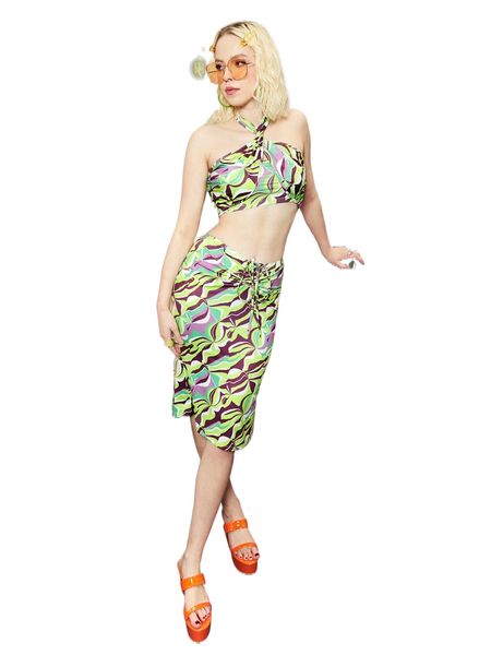 

allover print halter & ruched skirt set k9no#, White