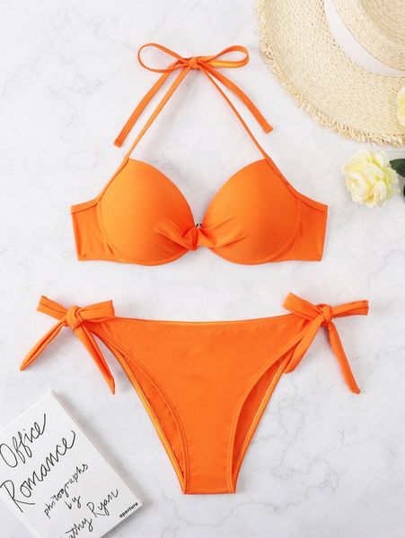 

plain knot side halter push up bikini swimsuit 89ah#, White;black