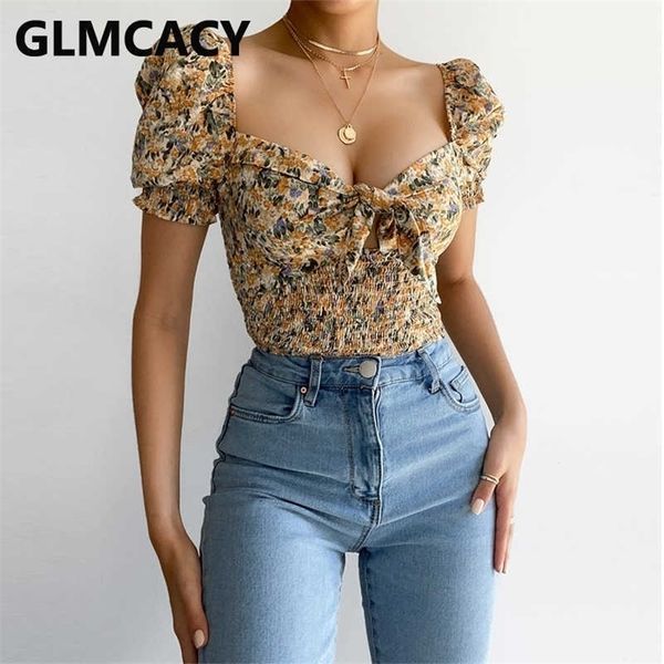 

women floral printed short sleeve square neck bow knot design chic 210702, White