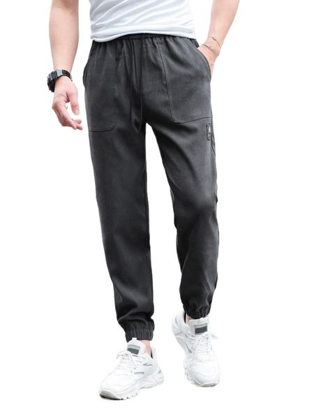 

men slant pocket drawstring waist pants o5o3#, Black