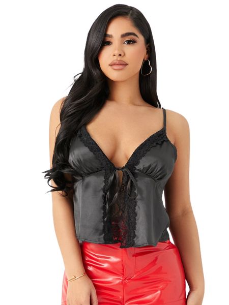

tie front contrast lace cami d3ot#, White