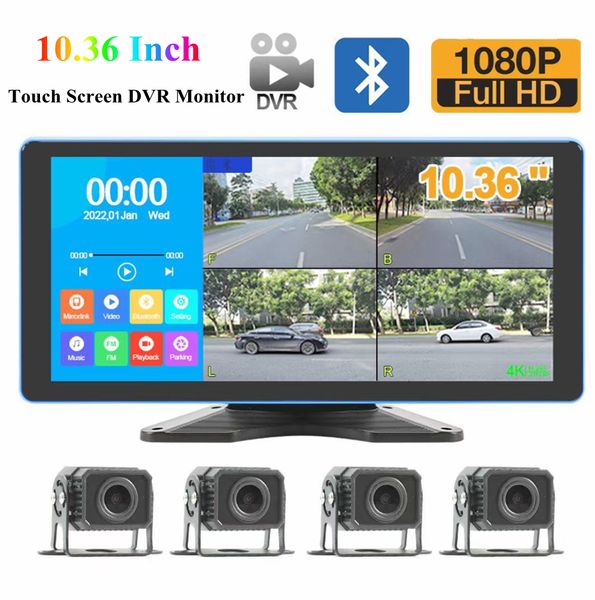 10,36 Zoll 360ﾰ IPS-Touchscreen-Automonitor 4-Kanal-Überwachungskamera AHD 1080P Farbe Nachtfahrzeug-Cam-Systeme Parkplatz-Videorecorder