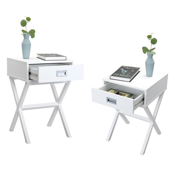 

set of 2 wooden nightstand x-shaped sofa side table end table with drawer bedroom living room furniture white