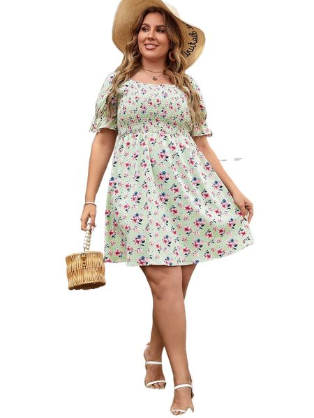 

plus allover floral print flounce sleeve shirred a-line dress j8y9#, Black