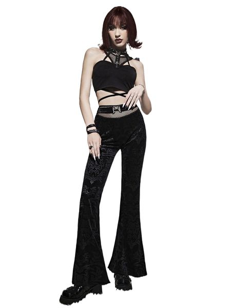 

ring detail mesh insert jacquard velvet flare leg pants y8kj#, Black;white