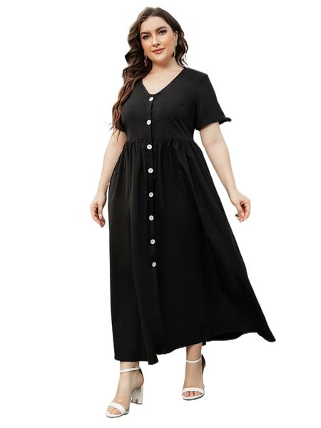 

plus button detail ruched dress 777v#, Black
