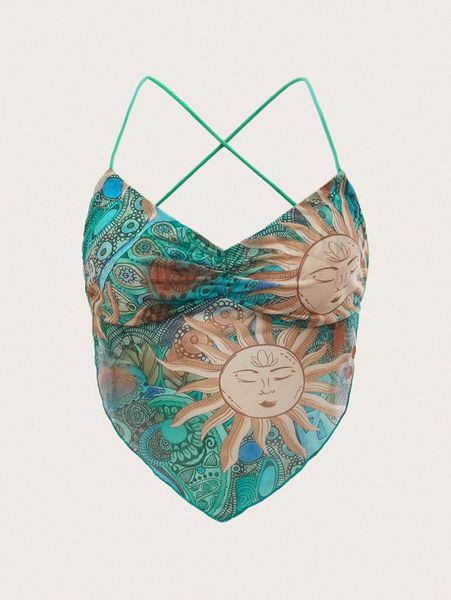 

paisley & cartoon graphic criss cross backless bandana hem mesh cami e5fn#, White