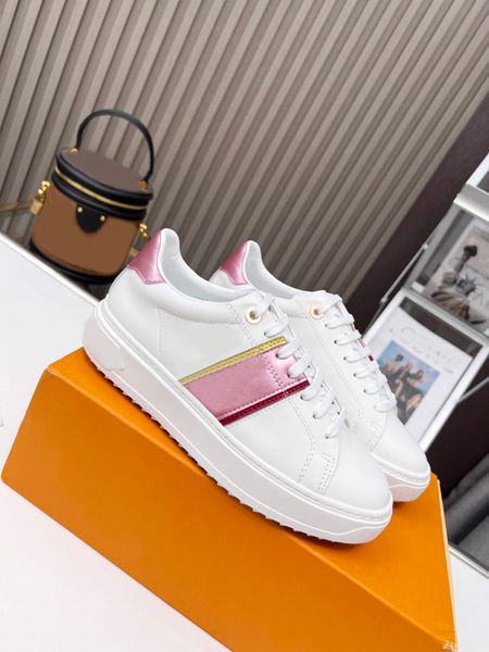 

women luxurys designers shoes white printed calf leather casual shoe trainers pink blue runner time out size 35-42 with box, Black