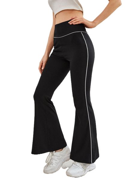 

wideband waist contrast panel flare leg pants h0hk#, Black;white