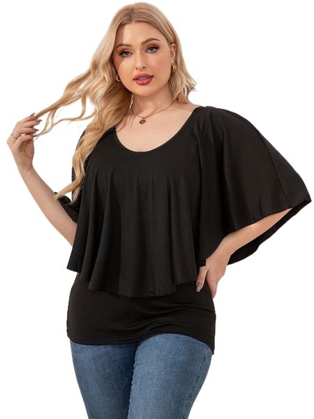 

plus batwing sleeve scoop neck tee k2df#, Black