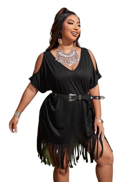 

plus cold shoulder dolman sleeve fringe trim dress without belt y3pr#, Black