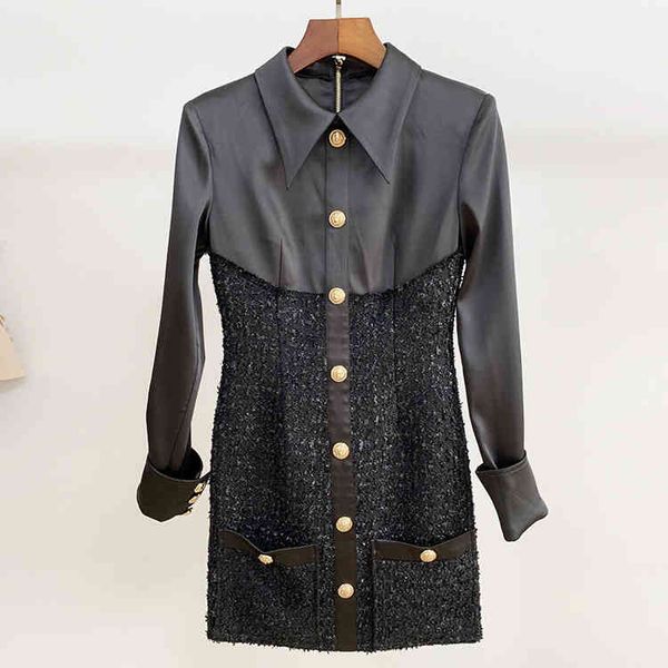 

casual dresses quality 2022 autumn winter lion button rivet color ding satin bright silk tweed stitching dress 7hsq, Black;gray
