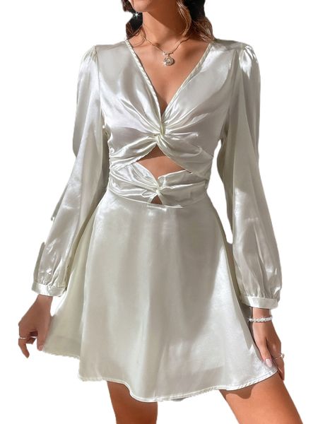 

cut out twist front bishop sleeve satin dress u5fi#, Black;gray