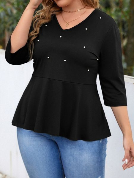 

plus pearls front peplum tee i1wa#, Black
