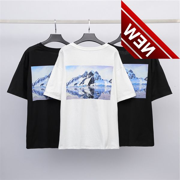 

feel of god double line essentials fog glacier snow mountain print p loose casual short sleeve t-shirt, White;black