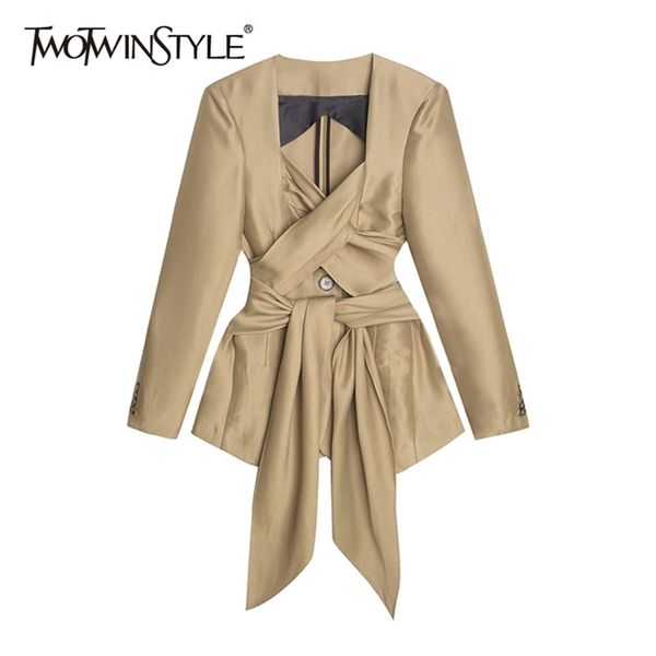 

twotwinstyle elegant patchwork bowknot blazer for women square collar long sleeve ruched split blazers female fashion 220402, White;black