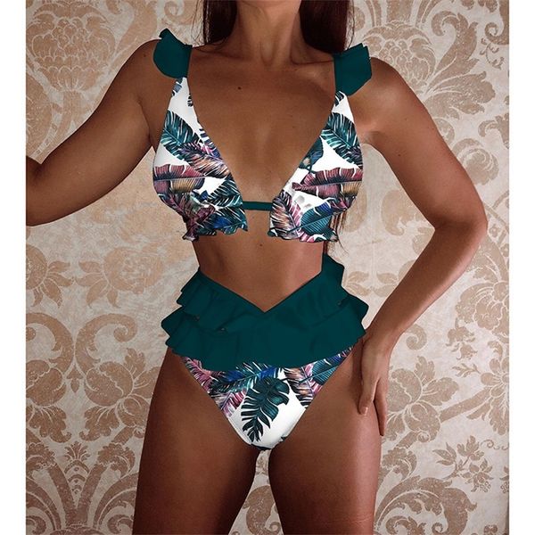 

high waist bikini 2020 new print ruffles swimsuit female lace swimwear women summer bikini set bathing suit swimming t200708, White;black