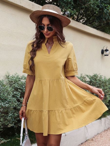 

bishop sleeve frilled neck ruffle hem smock dress 39vu#, Black;gray