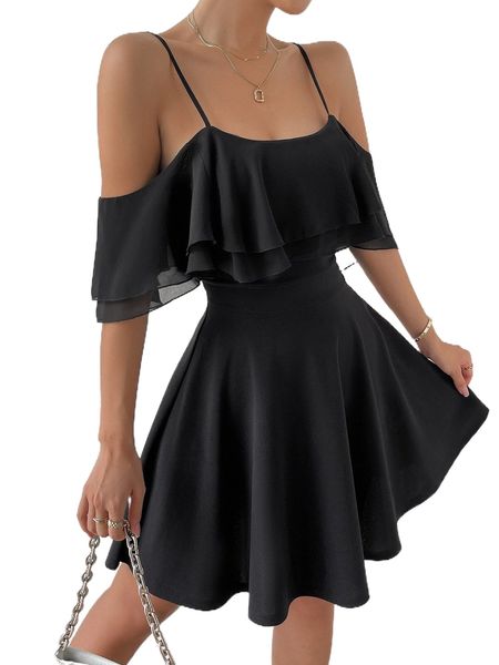 

cold shoulder ruffle trim dress m2zs#, Black;gray
