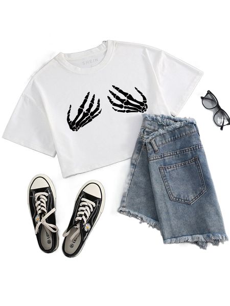 

skeleton print drop shoulder crop tee c8tt#, White