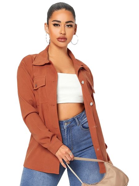

flap pocket drop shoulder suede coat h35v#, Black