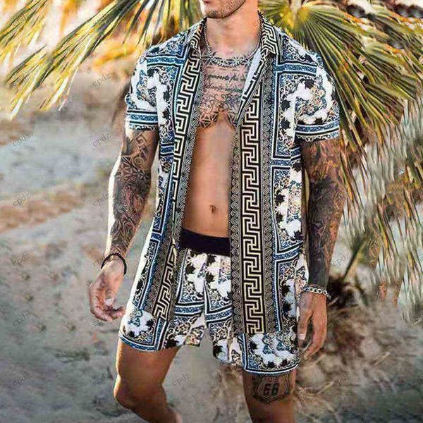 

luxury tracksuit men hawaiian sets t-shirts printing summer short sleeve button shirt fashion beach shorts streetwear casual mens suite9pa, Gray