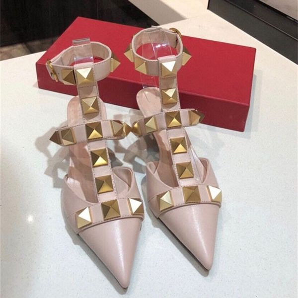 

sandals early spring pointed shallow mouth baotou back empty leather belt buckle middle heel thin rivet sandals women wtfm, Black