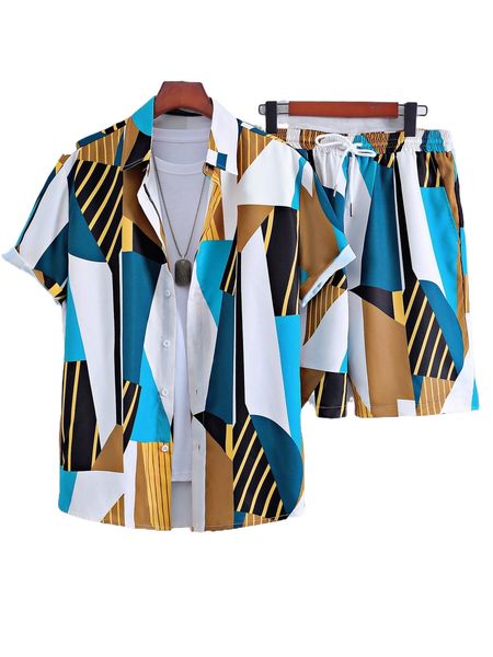 

men random color block & striped print shirt & shorts without tee l6sj#, Gray