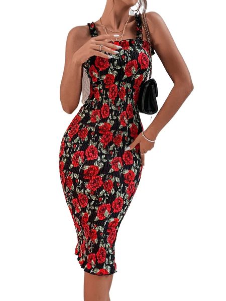 

allover floral print shirred ruffle trim bodycon dress x2wp#, Black;gray