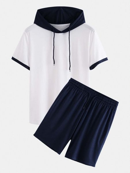 

men two tone drawstring hooded tee & shorts j0pc#, Gray