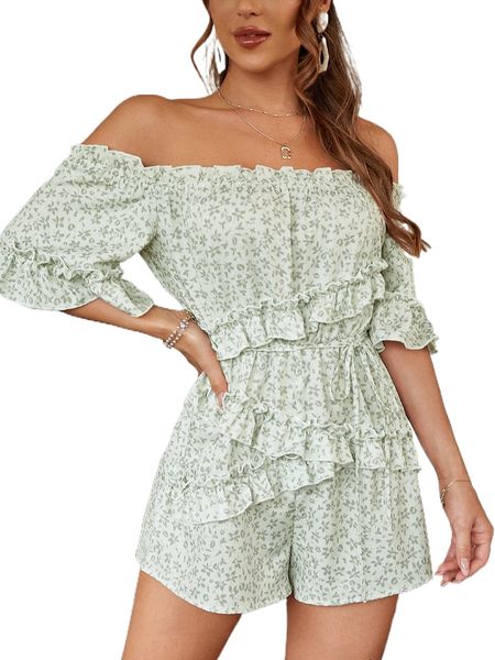 

simplee off shoulder ditsy floral ruffle trim romper m6ba#, Black;white