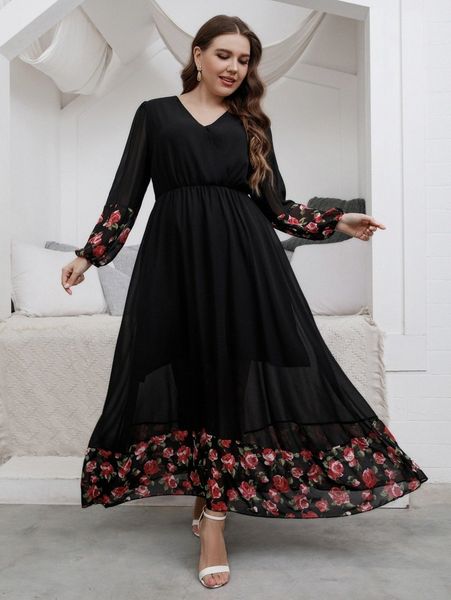 

plus floral print lantern sleeve ruffle hem dress 65g0#, Black
