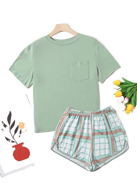 

drop shoulder tee & plaid print shorts pj set 77db#, Black;red