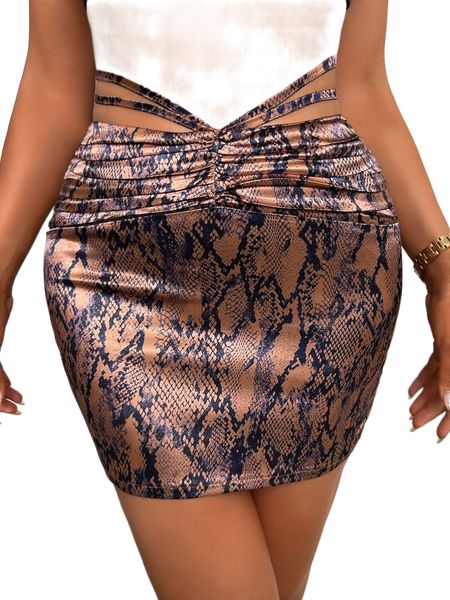 

snakeskin print tie back mini bodycon skirt l0dl#, Black