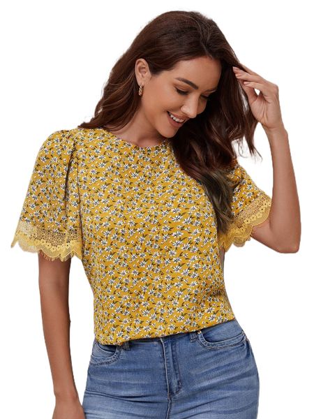 

ditsy floral eyelash lace cuff butterfly sleeve blouse j7qn#, White