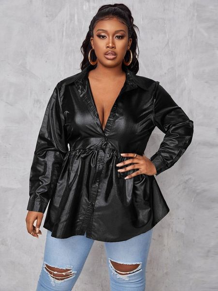 

sxy plus single breasted peplum pu blouse r8uy#, Black