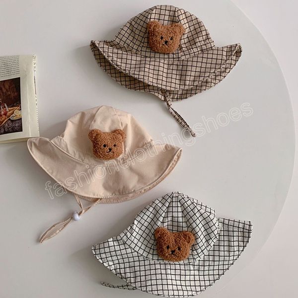 Cartoon Bear Baby Bucket Hat Summer Cotton Kids Panama Fisherman Cap Outdoor Beach Baby Boy Girl Solid Plaid Sun Hats