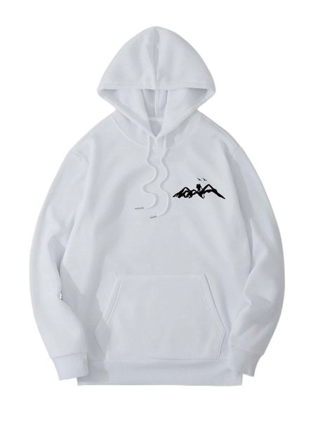 

men mountain print thermal lined hoodie y8lk#, Black