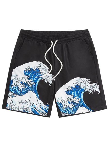 

men wave print drawstring waist shorts b1lg#, White;black