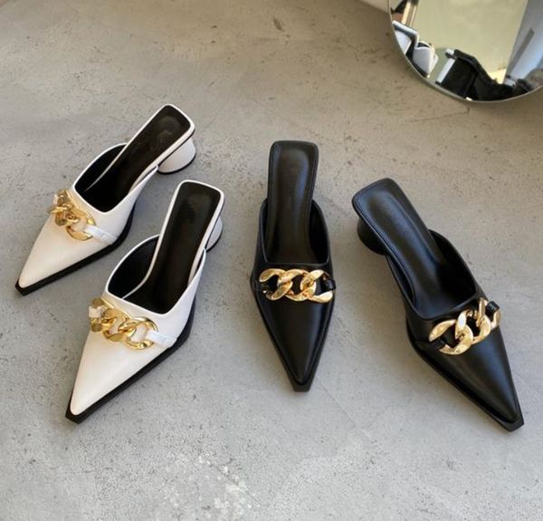 

women's sandals new pointed toe stiletto shoes summer chain chunky heel slippers, Black