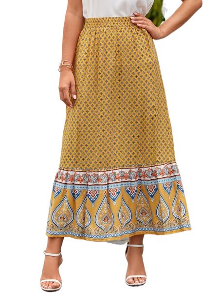 

high waist floral & paisley print ruffle hem skirt p38a#, Black