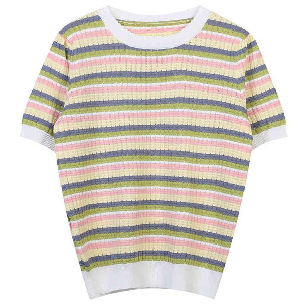 

women's sweaters t-shirt women's summer 2022 contrast stripe small rainbow lace sweet aging round neck short sleeve epne, White;black