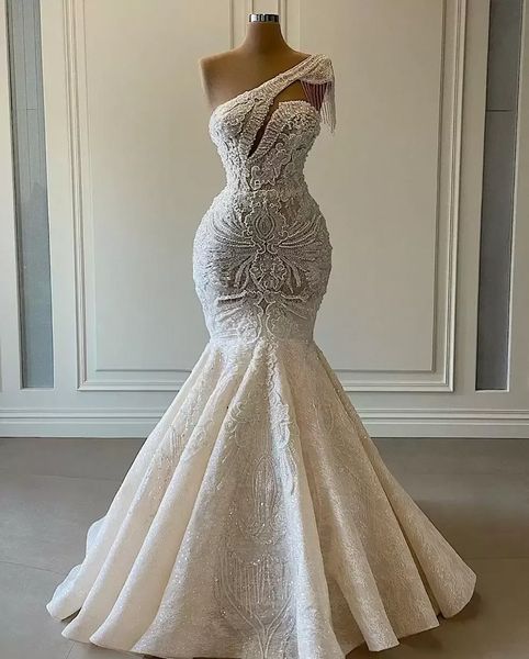 2022 Plus Tamanho Árabe Aso Ebi Luxuoso Lace Beaded Wedding Vestidos Uma Mermaid Nupcial Vestidos Noiva Vintage Vestidos BC11359