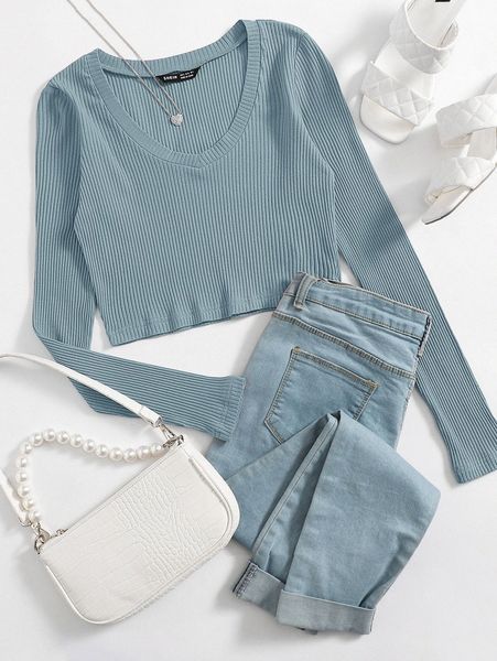 

v neck rib-knit crop m68m#, White