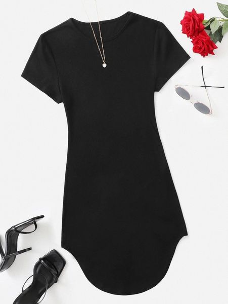 

solid asymmetrical hem tee dress d2fv#, Black;gray