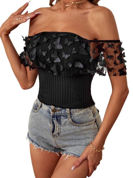 

contrast butterfly applique mesh off shoulder n9uc#, White